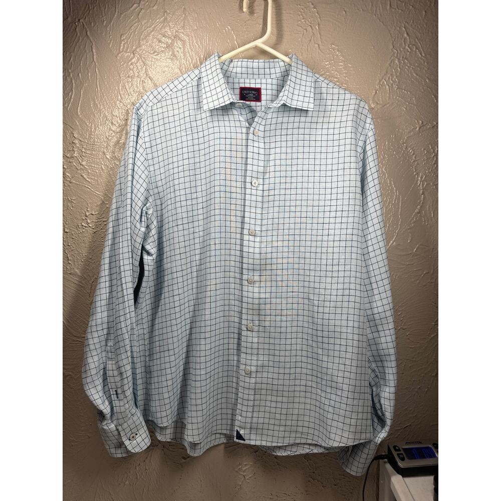 UNTUCKit Linen Check Plaid Long Sleeve Button Up Shirt Blue Mens Size Large